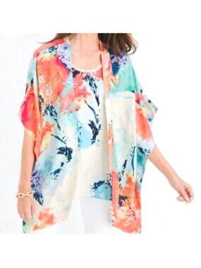 Chicos Women's Sz L/XL Abstract Floral Kimono Wrap Open Front Lightweight
